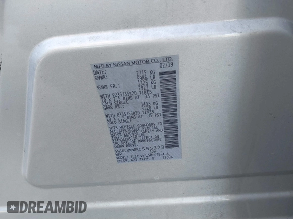 2019 Infiniti QX60 Luxe with VIN 5N1DL0MN8KC555323, listed as a IAAI auction lot 41824366 with 83,596 mi miles and . Bid and sale history available at DreamBid. Image 9.