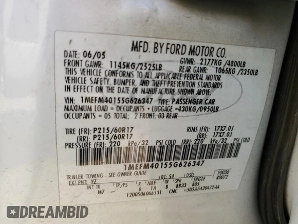 2005 Mercury Montego Luxury z VIN 1MEFM40155G626347, wystawiony jako Copart lot #46715235 z przebiegiem 213 883 mil mil oraz Szkoda całkowita • Salvage title. Historia ofert i sprzedaży dostępna na DreamBid. Obrazek 12.
