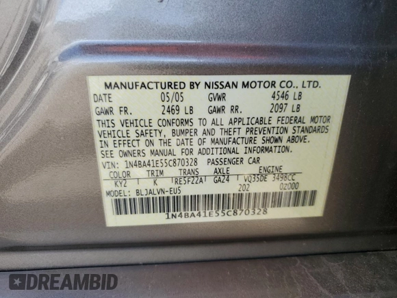 2005 Nissan Maxima SL with VIN 1N4BA41E55C870328, listed as a Copart auction lot 65104925 with 193,889 mi miles and Salvage title. Bid and sale history available at DreamBid. Image 12.