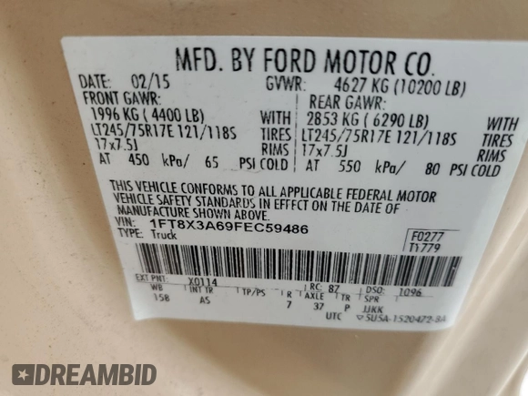 2015 Ford F-350 XL с VIN 1FT8X3A69FEC59486, выставлен на аукционе Copart как лот 59542415 с пробегом 174 324 миль миль и Чистый • Clean title. История ставок и продаж доступна на DreamBid. Изображение 12.