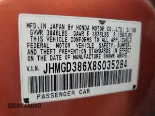 2008 Honda Fit Sport with VIN JHMGD386X8S035284, listed as a Copart auction lot 72399624 with 122,588 mi miles and Salvage Title. Bid and sale history available at carsss.com. Image 12.