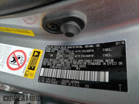 2018 Toyota Highlander SE with VIN 5TDKZRFH9JS280273, listed as a Copart auction lot 51214975 with Not provided miles and Salvage title. Bid and sale history available at DreamBid. Image 14.