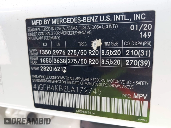 2020 Mercedes-Benz GLE 350 z VIN 4JGFB4KB2LA172745, wystawiony jako IAAI lot #42146951 z przebiegiem 129 303 mil mil oraz . Historia ofert i sprzedaży dostępna na DreamBid. Obrazek 9.