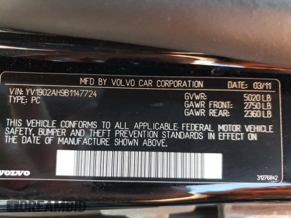 2011 Volvo S80 3.0L Turbo z VIN YV1902AH9B1147724, wystawiony jako Copart lot #42264955 z przebiegiem 190 361 mil mil oraz Szkoda całkowita • Salvage title. Historia ofert i sprzedaży dostępna na DreamBid. Obrazek 12.