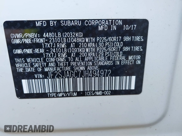 2018 Subaru Forester Premium with VIN JF2SJAGC7JH494972, listed as a IAAI auction lot 40811840 with 65,239 mi miles and . Bid and sale history available at DreamBid. Image 9.