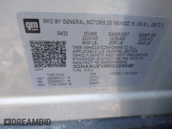 2021 Chevrolet Equinox LT with VIN 3GNAXUEV6MS165648, listed as a IAAI auction lot 41554980 with 71,647 mi miles and . Bid and sale history available at DreamBid. Image 9.