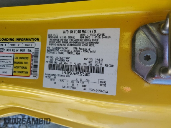 2017 Ford Mustang GT with VIN 1FA6P8CF6H5275803, listed as a Copart auction lot 57504935 with 94,627 mi miles and Salvage title. Bid and sale history available at DreamBid. Image 12.
