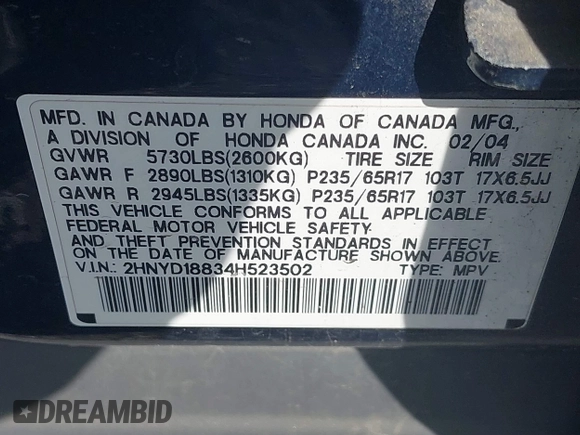 2004 Acura MDX Touring Pkg w/Navigation with VIN 2HNYD18834H523502, listed as a IAAI auction lot 41876131 with 150,886 mi miles. Bid and sale history available at carsss.com. Image 9.