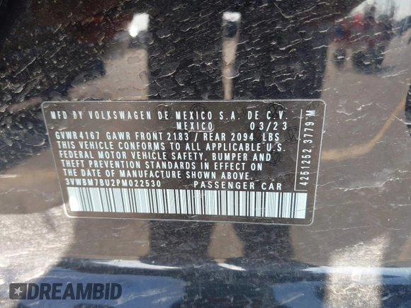 2023 Volkswagen Jetta Sport with VIN 3VWBM7BU2PM022530, listed as a IAAI auction lot 42215101 with 7,455 mi miles and . Bid and sale history available at DreamBid. Image 9.
