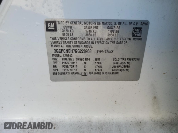2016 Chevrolet Silverado 1500 Work Truck with VIN 3GCPCNEH7GG220968, listed as a Copart auction lot 72214334 with Not Provided miles and Salvage Title. Bid and sale history available at DreamBid. Image 12.