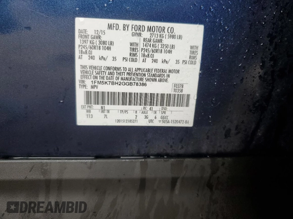 2016 Ford Explorer with VIN 1FM5K7BH2GGB78386, listed as a Copart auction lot 58615055 with 169,190 mi miles and Salvage title. Bid and sale history available at DreamBid. Image 12.
