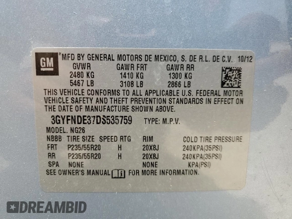 2013 Cadillac SRX Performance Collection with VIN 3GYFNDE37DS535759, listed as a Copart auction lot 52620105 with 92,059 mi miles and Salvage title. Bid and sale history available at DreamBid. Image 14.