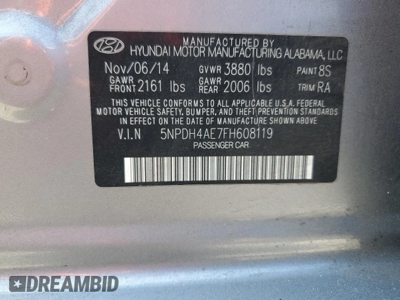 2015 Hyundai Elantra SE with VIN 5NPDH4AE7FH608119, listed as a Copart auction lot 53998385 with 112,499 mi miles and Salvage Title. Bid and sale history available at DreamBid. Image 12.