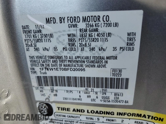 2011 Ford F-150 XLT with VIN 1FTFW1ET0BFD20095, listed as a Copart auction lot 51223915 with 205,870 mi miles and Salvage Title. Bid and sale history available at carsss.com. Image 12.