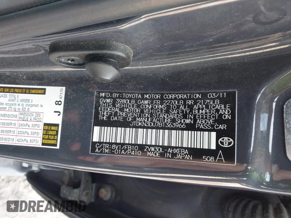 2011 Toyota Prius I with VIN JTDKN3DU7B1363966, listed as a IAAI auction lot 42148826 with 122,151 mi miles and . Bid and sale history available at DreamBid. Image 9.
