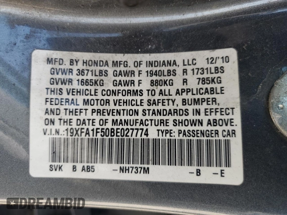 2011 Honda Civic LX with VIN 19XFA1F50BE027774, listed as a Copart auction lot 54888065 with 312,530 mi miles and Salvage Title. Bid and sale history available at DreamBid. Image 12.