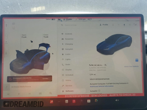 2025 Tesla Model 3 Long Range with VIN 5YJ3E1EBXSF941345, listed as a Copart auction lot 60229865 with 1,711 mi miles and Salvage title. Bid and sale history available at DreamBid. Image 9.