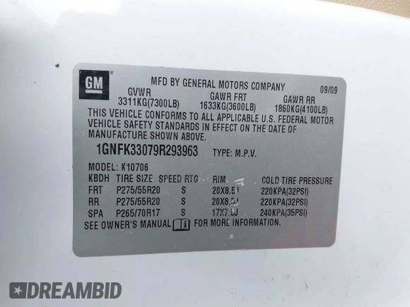 2009 Chevrolet Tahoe LTZ with VIN 1GNFK33079R293963, listed as a IAAI auction lot 41662695 with 185,408 mi miles and . Bid and sale history available at DreamBid. Image 9.