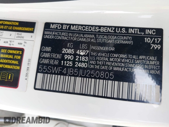 2018 Mercedes-Benz C 300 with VIN 55SWF4JB5JU250805, listed as a IAAI auction lot 42365382 with 48,347 mi miles and . Bid and sale history available at DreamBid. Image 9.