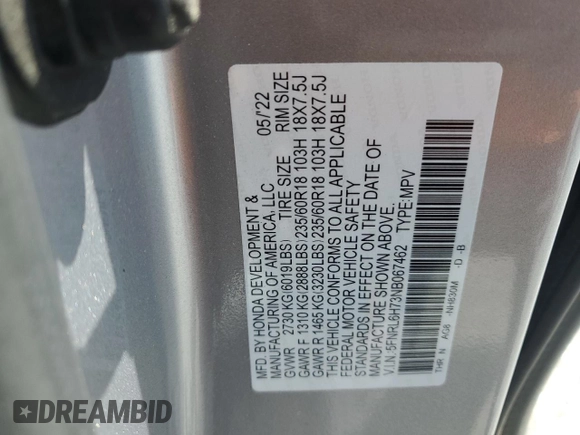 2022 Honda Odyssey EX-L with VIN 5FNRL6H73NB067462, listed as a Copart auction lot 53811365 with 44,182 mi miles and Salvage Title. Bid and sale history available at DreamBid. Image 13.