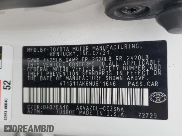 2021 Toyota Camry SE Nightshade with VIN 4T1G11AK6MU611646, listed as a Copart auction lot 50590225 with 55,704 mi miles and Salvage Title. Bid and sale history available at DreamBid. Image 14.