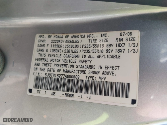 2007 Acura RDX with VIN 5J8TB18277A000909, listed as a IAAI auction lot 40921086 with 154,649 mi miles. Bid and sale history available at carsss.com. Image 8.