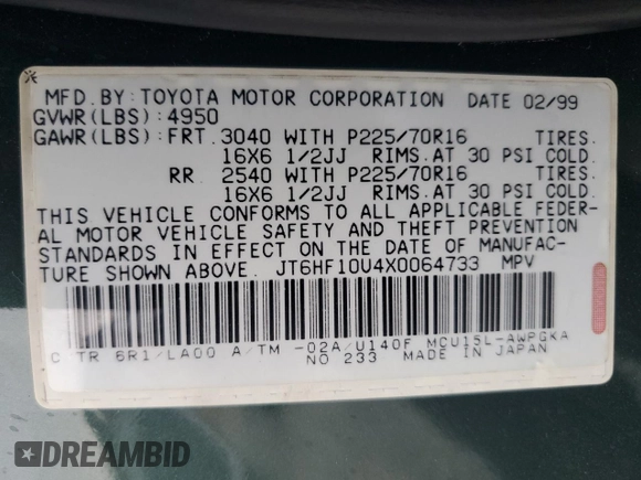 1999 Lexus RX 300 Luxury SUV with VIN JT6HF10U4X0064733, listed as a Copart auction lot 86592914 with 151,372 mi miles and Salvage Title. Bid and sale history available at carsss.com. Image 13.