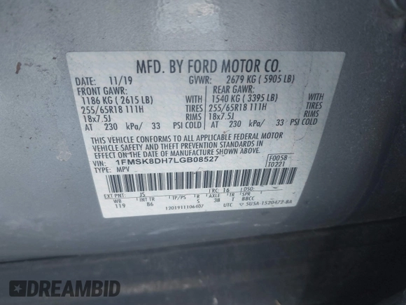 2020 Ford Explorer XLT with VIN 1FMSK8DH7LGB08527, listed as a IAAI auction lot 41503317 with 63,005 mi miles. Bid and sale history available at carsss.com. Image 9.