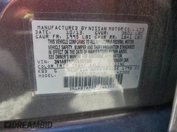 2013 Nissan Sentra SR z VIN 3N1AB7AP2DL561380, wystawiony jako Copart lot #58095735 z przebiegiem 102 168 mil mil oraz Szkoda całkowita • Salvage title. Historia ofert i sprzedaży dostępna na DreamBid. Obrazek 12.