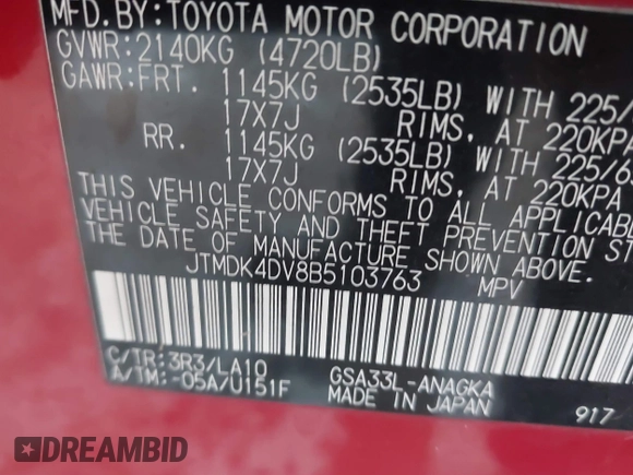 2011 Toyota RAV4 Ltd with VIN JTMDK4DV8B5103763, listed as a IAAI auction lot 40925549 with 1 mi miles. Bid and sale history available at carsss.com. Image 9.