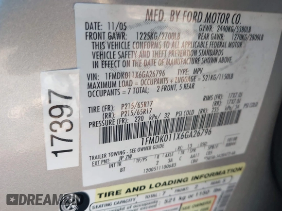 2006 Ford Freestyle SE with VIN 1FMDK011X6GA26796, listed as a IAAI auction lot 41442277 with 93,255 mi miles. Bid and sale history available at carsss.com. Image 9.