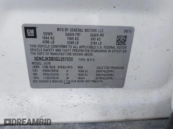 2016 Chevrolet Trax LS with VIN 3GNCJKSB3GL267030, listed as a IAAI auction lot 41485429 with 126,301 mi miles. Bid and sale history available at carsss.com. Image 9.