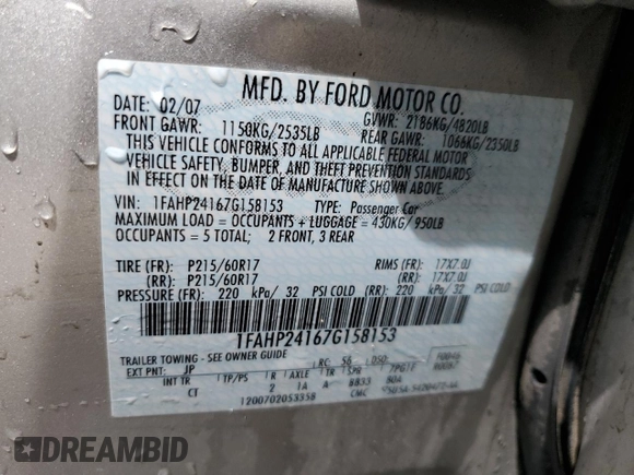 2007 Ford Five Hundred SEL with VIN 1FAHP24167G158153, listed as a Copart auction lot 67392294 with 208,760 mi miles and Salvage Title. Bid and sale history available at carsss.com. Image 12.