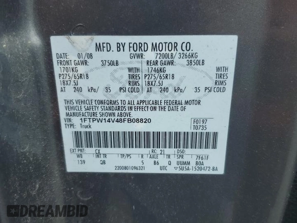 2008 Ford F-150 XLT with VIN 1FTPW14V48FB08820, listed as a Copart auction lot 64747015 with 307,040 mi miles and Salvage title. Bid and sale history available at DreamBid. Image 12.