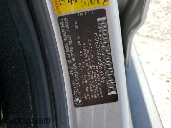 2006 BMW X3 3.0i with VIN WBXPA934X6WG81214, listed as a Copart auction lot 53454085 with 110,599 mi miles and Salvage Title. Bid and sale history available at DreamBid. Image 13.