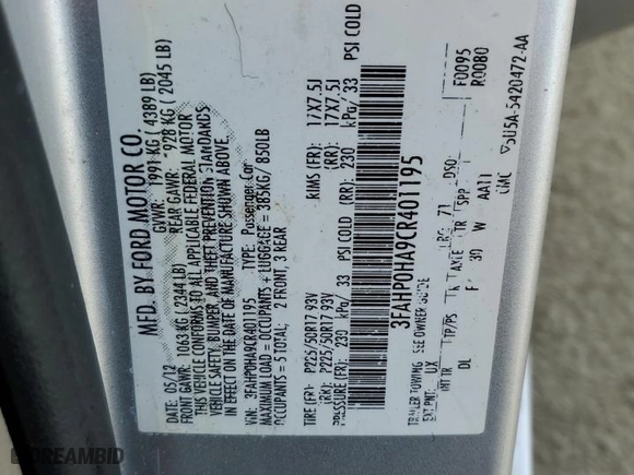 2012 Ford Fusion SE with VIN 3FAHP0HA9CR401195, listed as a Copart auction lot 50267445 with 157,457 mi miles and Salvage Title. Bid and sale history available at carsss.com. Image 12.