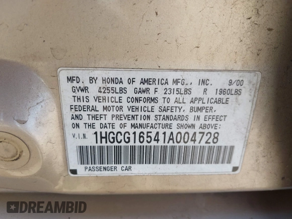 2001 Honda Accord EX with VIN 1HGCG16541A004728, listed as a IAAI auction lot 42439390 with 193,473 mi miles and . Bid and sale history available at DreamBid. Image 9.