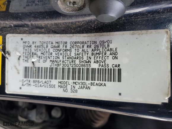 2002 Lexus ES 300 with VIN JTHBF30G725008655, listed as a Copart auction lot 47265985 with 168,948 mi miles and Salvage Title. Bid and sale history available at carsss.com. Image 12.