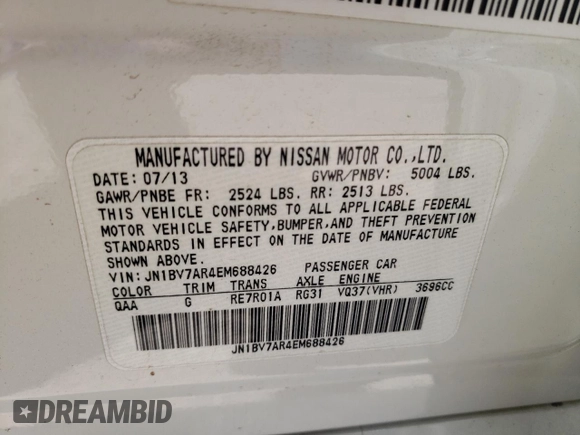 2014 Infiniti Q50 Sport with VIN JN1BV7AR4EM688426, listed as a Copart auction lot 57449405 with 125,605 mi miles and Salvage title. Bid and sale history available at DreamBid. Image 12.