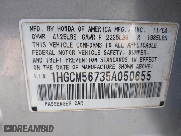 2005 Honda Accord EX with VIN 1HGCM56735A050655, listed as a IAAI auction lot 42115677 with 334,733 mi miles and . Bid and sale history available at DreamBid. Image 9.