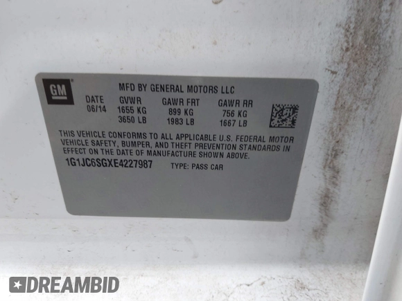 2014 Chevrolet Sonic LT with VIN 1G1JC6SGXE4227987, listed as a IAAI auction lot 41664049 with 1 mi miles. Bid and sale history available at carsss.com. Image 9.