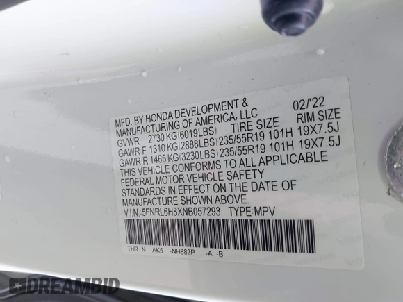 2022 Honda Odyssey Touring with VIN 5FNRL6H8XNB057293, listed as a IAAI auction lot 41826014 with 30,454 mi miles and . Bid and sale history available at DreamBid. Image 9.