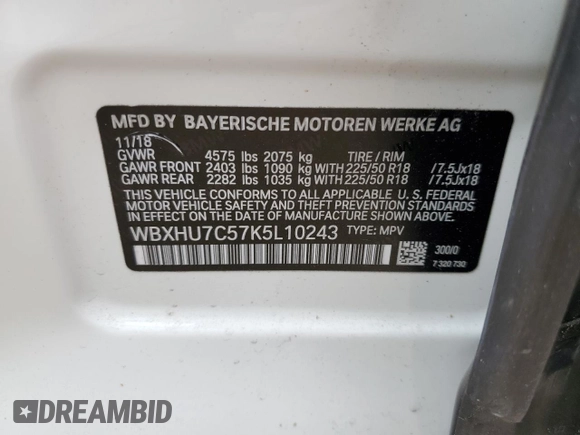 2019 BMW X1 sDrive28i with VIN WBXHU7C57K5L10243, listed as a Copart auction lot 48959423 with 42,248 mi miles and . Bid and sale history available at DreamBid. Image 13.
