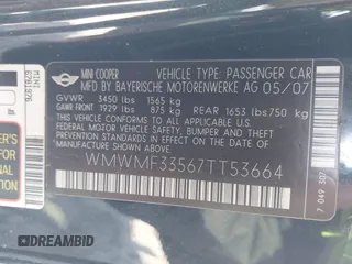 2007 MINI Hardtop with VIN WMWMF33567TT53664, listed as a IAAI auction lot 42027768 with 75,970 mi miles and . Bid and sale history available at DreamBid. Image 9.