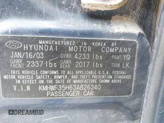 2003 Hyundai Sonata GLS with VIN KMHWF35H63A826340, listed as a IAAI auction lot 41884050 with 204,874 mi miles. Bid and sale history available at carsss.com. Image 9.