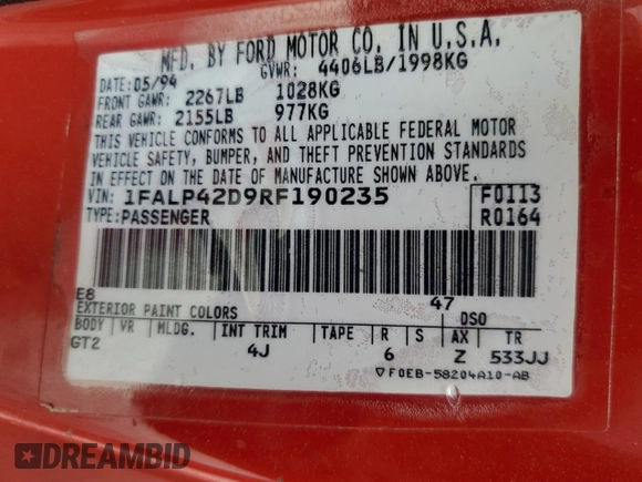 1994 Ford Mustang с VIN 1FALP42D9RF190235, выставлен на аукционе Copart как лот 59767354 с пробегом 63 585 миль миль и Списание • Salvage title. История ставок и продаж доступна на DreamBid. Изображение 12.