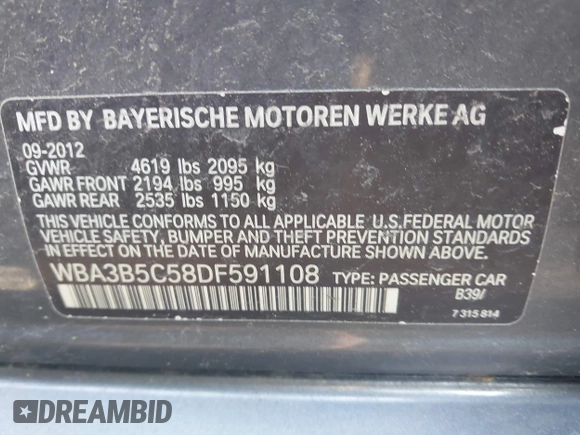 2013 BMW 3 Series 328i xDrive with VIN WBA3B5C58DF591108, listed as a IAAI auction lot 42404978 with 173,432 mi miles and . Bid and sale history available at DreamBid. Image 9.
