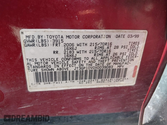 1999 Toyota RAV4 with VIN JT3GP10V0X0039083, listed as a IAAI auction lot 42061589 with 251,153 mi miles and . Bid and sale history available at DreamBid. Image 9.