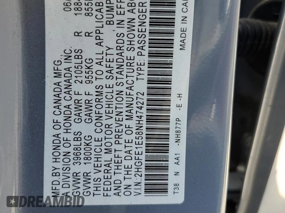 2022 Honda Civic Si z VIN 2HGFE1E58NH474272, wystawiony jako Copart lot #52454135 z przebiegiem 76 380 mil mil oraz Szkody całkowita. Historia ofert i sprzedaży dostępna na DreamBid. Obrazek 15.