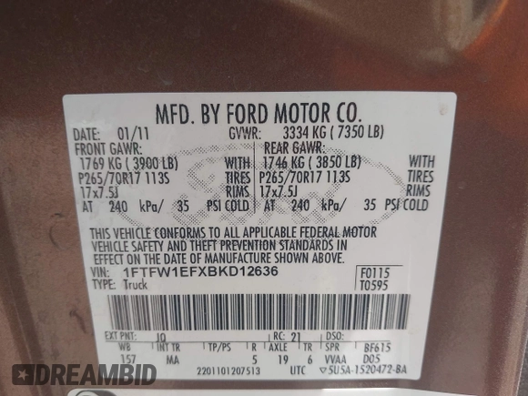 2011 Ford F-150 XL with VIN 1FTFW1EFXBKD12636, listed as a IAAI auction lot 42355469 with Not provided miles and . Bid and sale history available at DreamBid. Image 9.